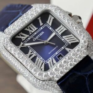 Cartier Santos Best Copies Watch Dial Blue Custom Diamonds Moissanite Hong Kong 39.8mm - Image 9