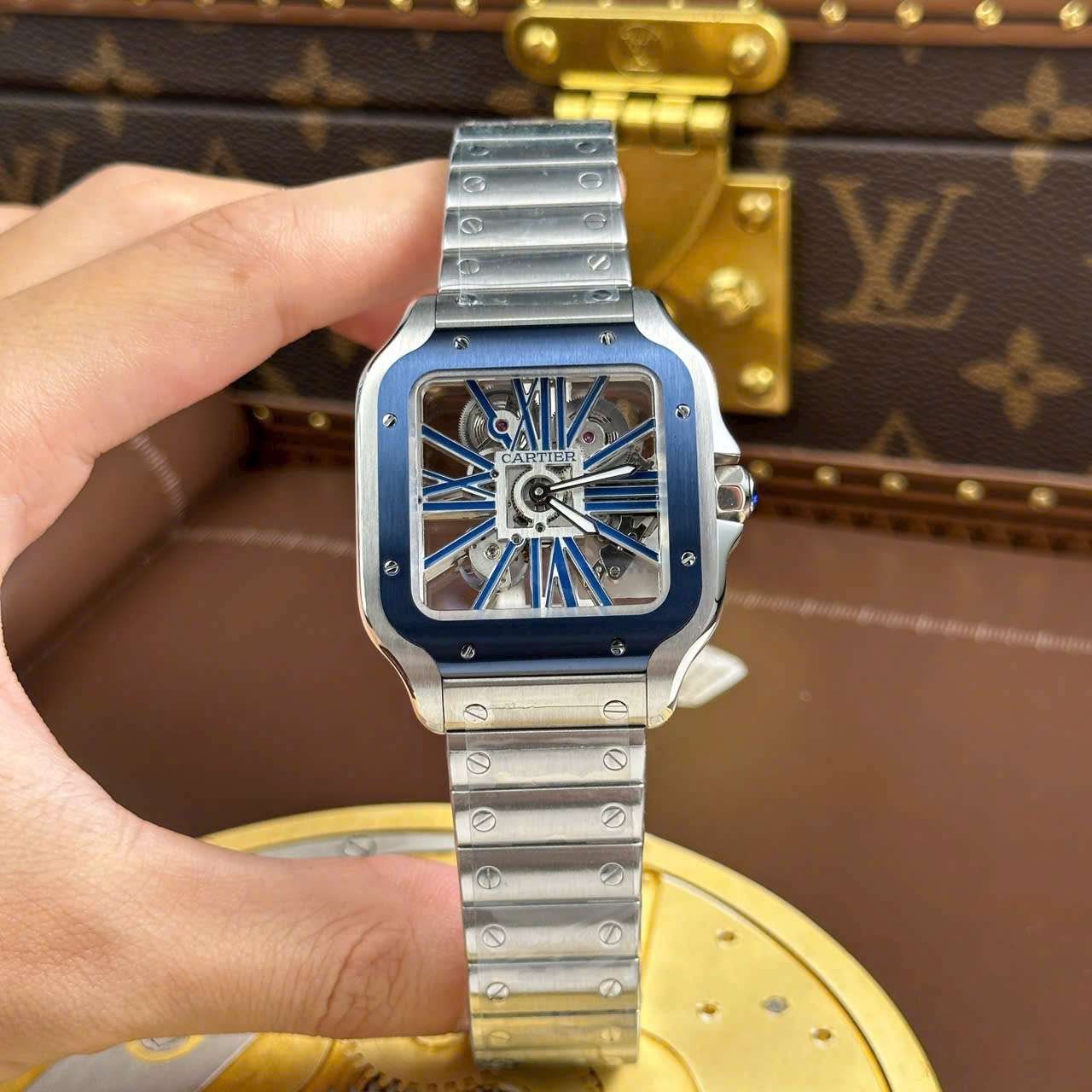 Cartier Santos Skeleton Dial Bezel Blue