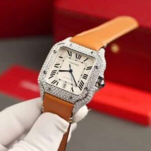 Cartier Santos White Dial Replica Watch Custom Diamonds Moissanite BV Factory 39.8mm - Image 6