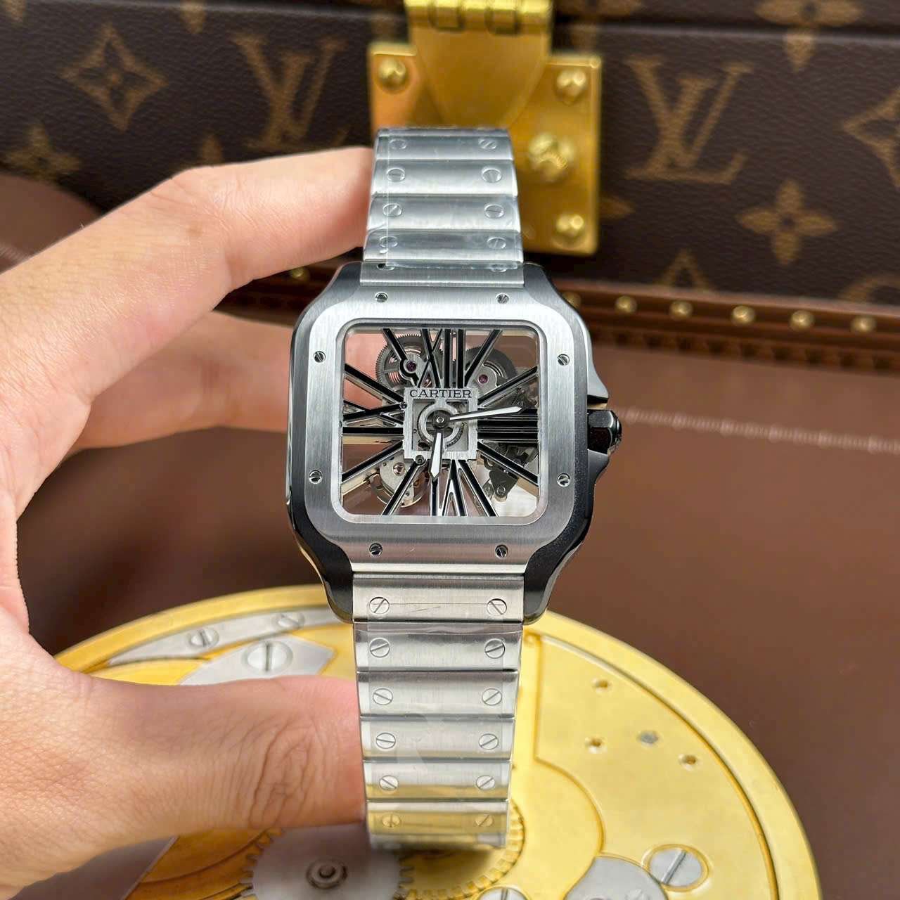 Cartier Santos Skeleton Dial Bezel Black