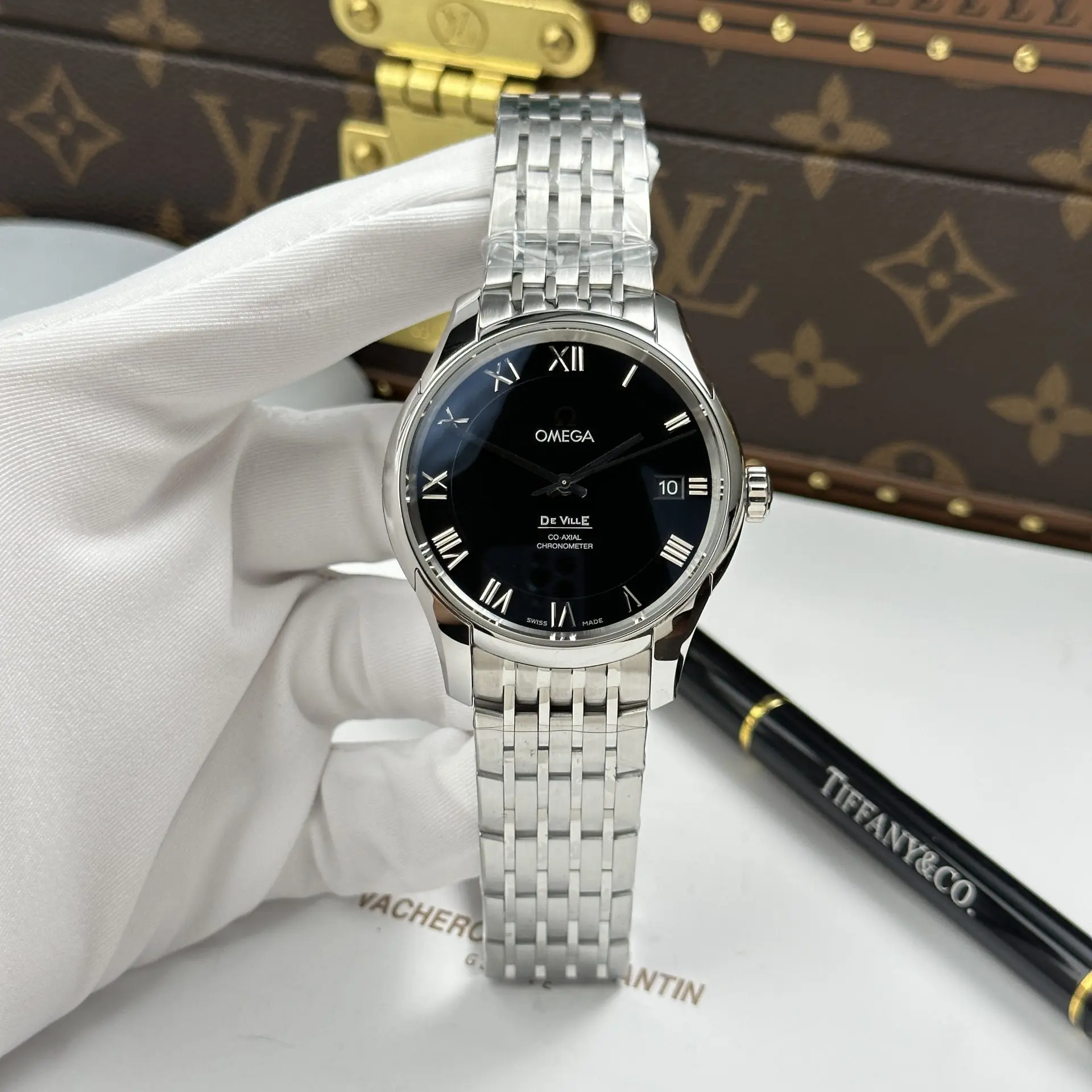 Omega Replica De Ville Co-Axial Chronometer 8500 Black Dial Metal Strap 41mm
