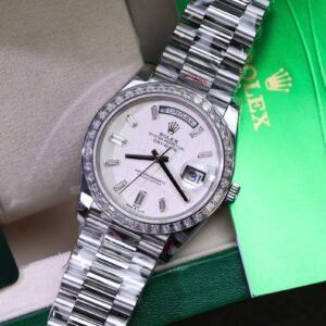 Rolex Day-Date Meteorite Dial Watch with Moissanite Baguette Diamonds + Bezel 40mm - Image 4