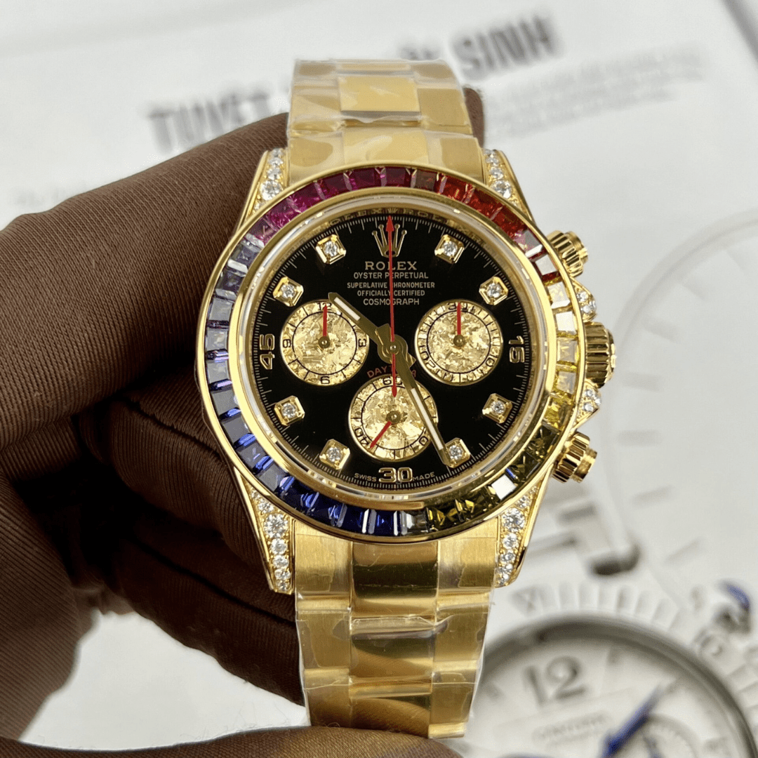 Rolex Daytona Rainbow Gold-Plated Moissanite Synthetic Gemstone Watch 40mm