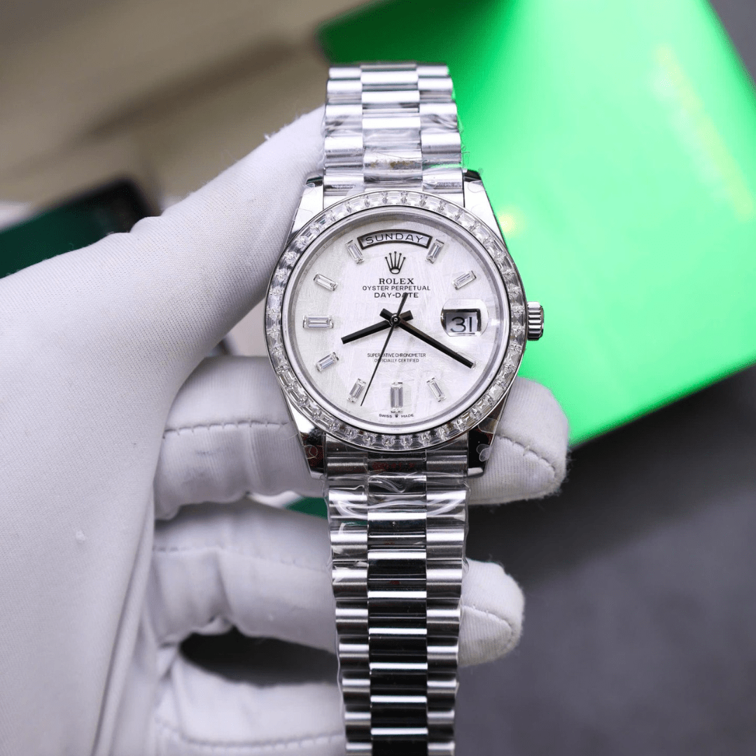 Rolex Day-Date Meteorite Dial Watch with Moissanite Baguette Diamonds + Bezel 40mm