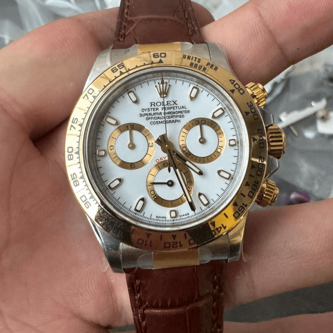 Rolex Daytoan 116503 White Dial Yellow Gold Bezel Alligator Strap