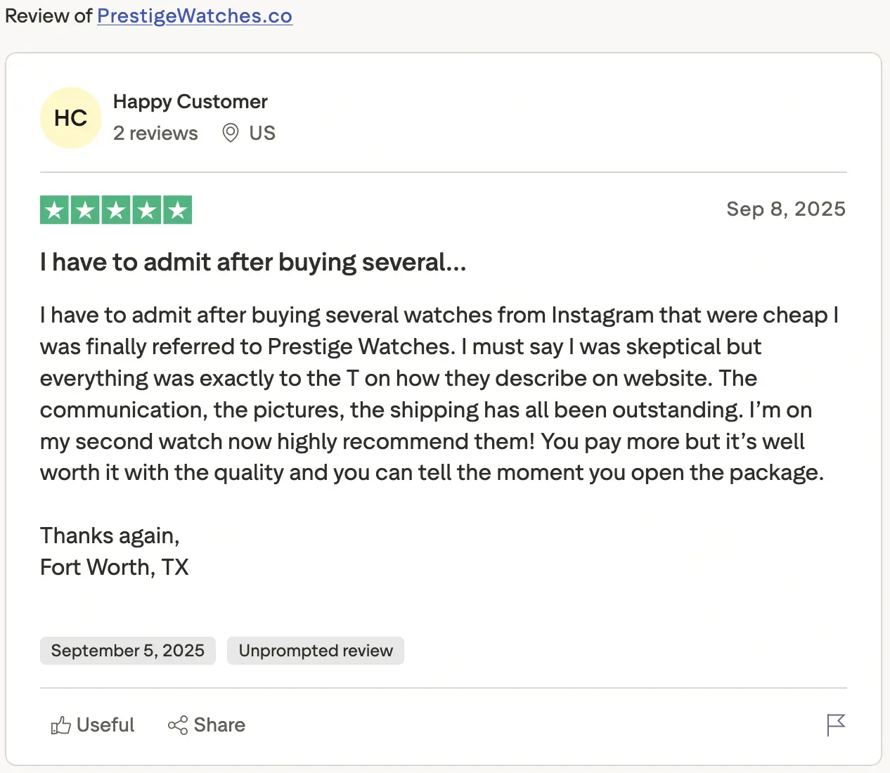Prestige Watches customer review